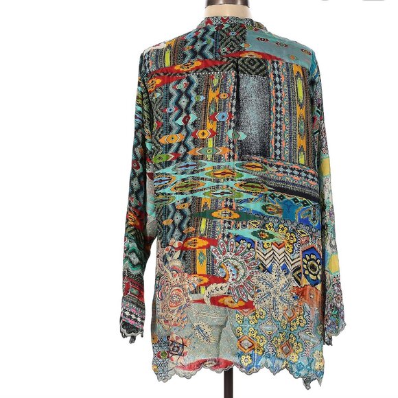 Johnny Was  silk Long sleeve, chevron/herringbone pattern, floral, teal, tunic - Picture 3 of 5